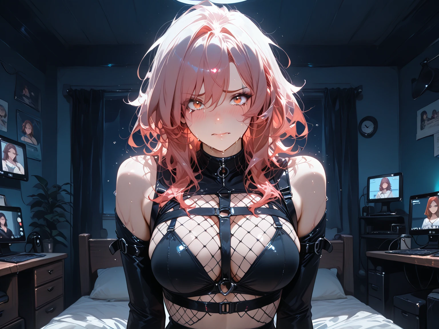 Cool women、sexy、Center of chest、Rize from Chainsaw Man、beauty、Yandere、、Face close-up、Kiss with your eyes closed、Chest tattoo、Red lace、necklace、Pink Hair、(sexy)、(night、night景を見る).