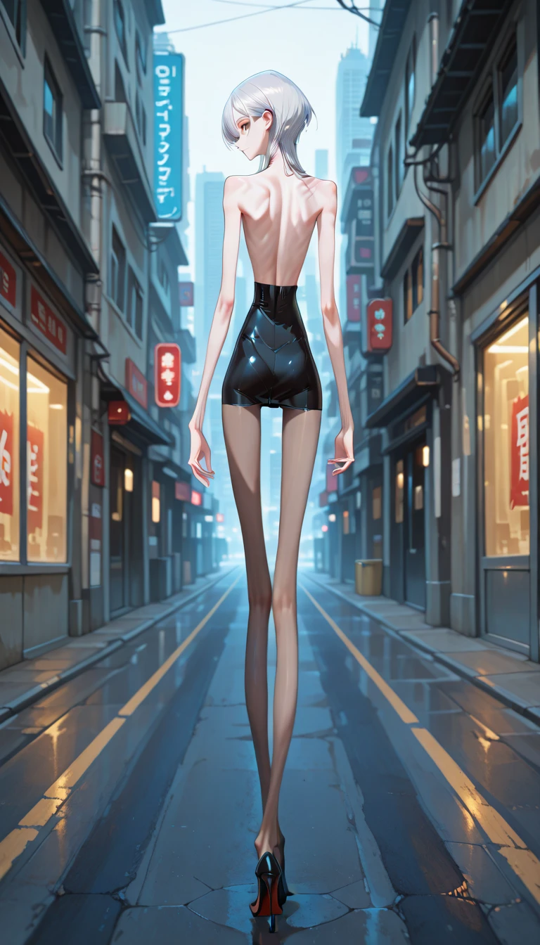 A flat-chested girl walks down the street in a tight bodysuit