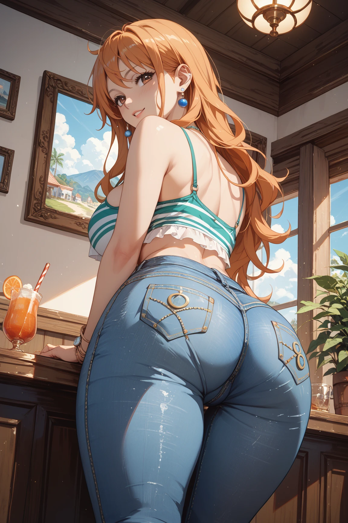 a girl, redhead, extremely large breasts, reasonably large ass, yellow eyes, wearing mini shorts and a mini blouse, her pubic hair is exposed