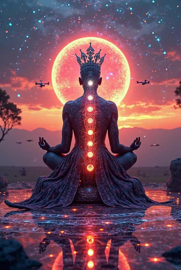 Create a highly detailed and atmospheric digital painting of a cosmic dark entity meditating in a lotus position on the surface of a barren planet. The entity has a shadowy, featureless face and a muscular humanoid body covered in dark organic tendrils that appear to flow and twist around it.. A bright red crystal is embedded in his chest, pulsating with dark energy. Above the head of the entity, A spinning purple and black cosmic vortex with a glowing mystical orb at its center radiates power, Shedding an ethereal light. The background features a vast star-filled galaxy with purple nebulas and distant cosmic phenomena., creating a sense of infinite space and power. The lighting is dark and sinister, and the main sources of light are the glowing red crystal and the mystical orb. The overall color palette is dominated by deep purples., black and touches of red, evoking a sense of cosmic mystery and power.