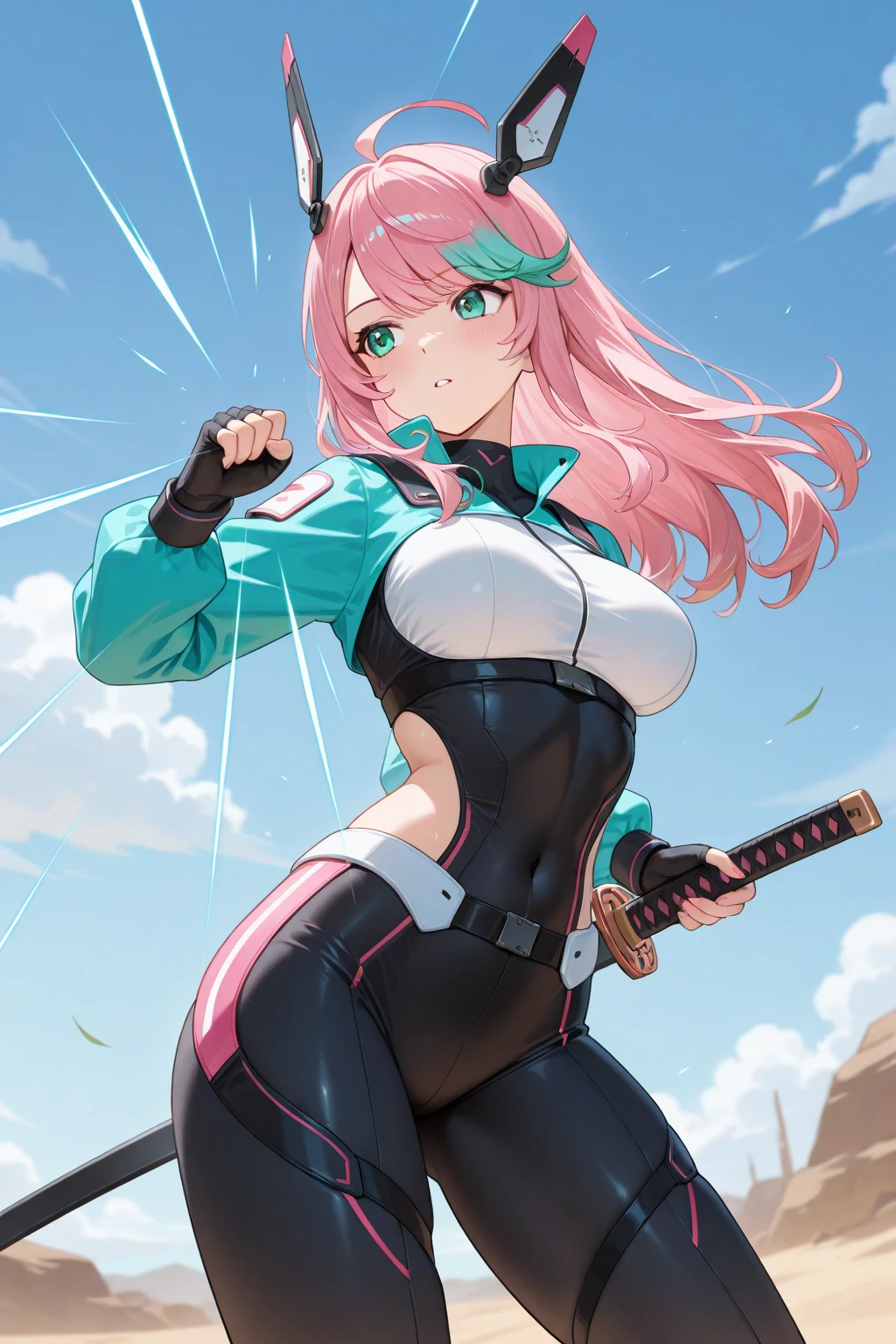 gwenpool, 1girl, weapon, blonde hair, multicolored hair, solo, blue eyes, sword, pouch, superhero, short hair, gradient hair, open mouth, belt, two-tone hair, pink hair, breasts, gloves, belt pouch