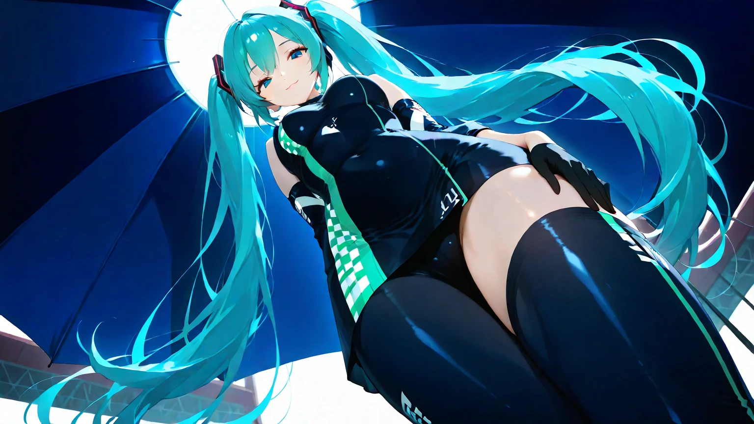 (((anime-style cute face))),(((One woman、Hatsune Miku))),Highest quality, (Sharp details), (8k, RAW Photos, Highest quality, masterpiece), (extremely detailed 8k wallpaper),Professional Lighting,Sharp focus, Depth of written boundary、Ticker,(((Face close-up)))、(looking at the camera),((((very happy face))))、Very big eyes、anatomically correct body、Big thighs、Light from the front、The face is bright、Luxury、Healthful、Slightly muscular、((((Shiny black bodysuit))))、（The frilly mini skirt is pink）、（A short light pink jacket）、wrinkles of the female genitalia、Cleavage、Nipples、White gloves、（Lewd）、Cute small breasts、Shot from above、lure