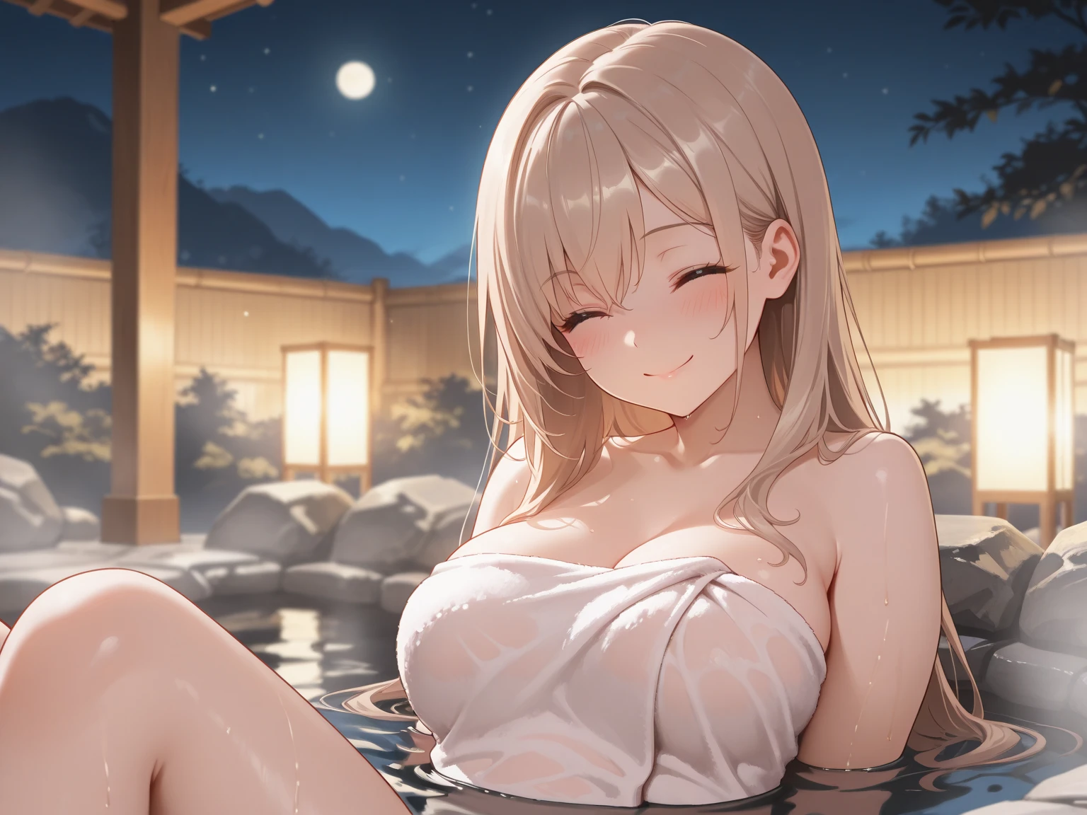 (masterpiece), (best quality), (beautiful eyes and face), (perfect female body), (shiny skin),
<lora:lucy_heartfilia_v11:0.7>,
looking at viewer, upper body, 
1girl, solo, lucy heartfilia, blonde hair, long hair, hair down, brown eyes,
large breasts, armpits, nipples, navel, pussy, thighs, 
smile, 
completely nude, wet,
arm up, 
outdoors, onsen, night, rock, moon,