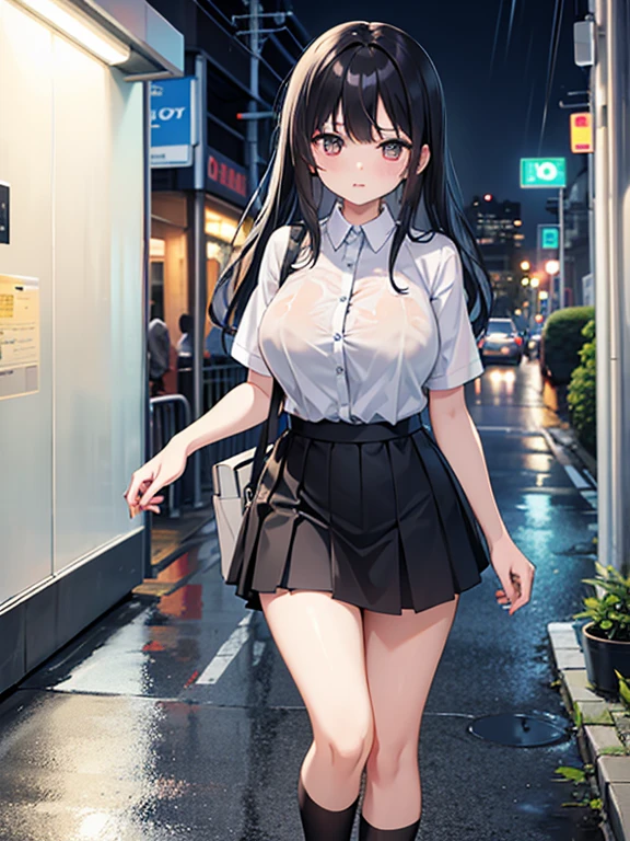 (1) A woman is walking in the rain, her blouse is wet、The pink bra is visible.
(2) Women are wearing white shirts and blouses, black skirt and long black boots.
(3) that woman has long black hair.
(4) The woman looks worried.
(5) The location is outdoors in an office district at night..