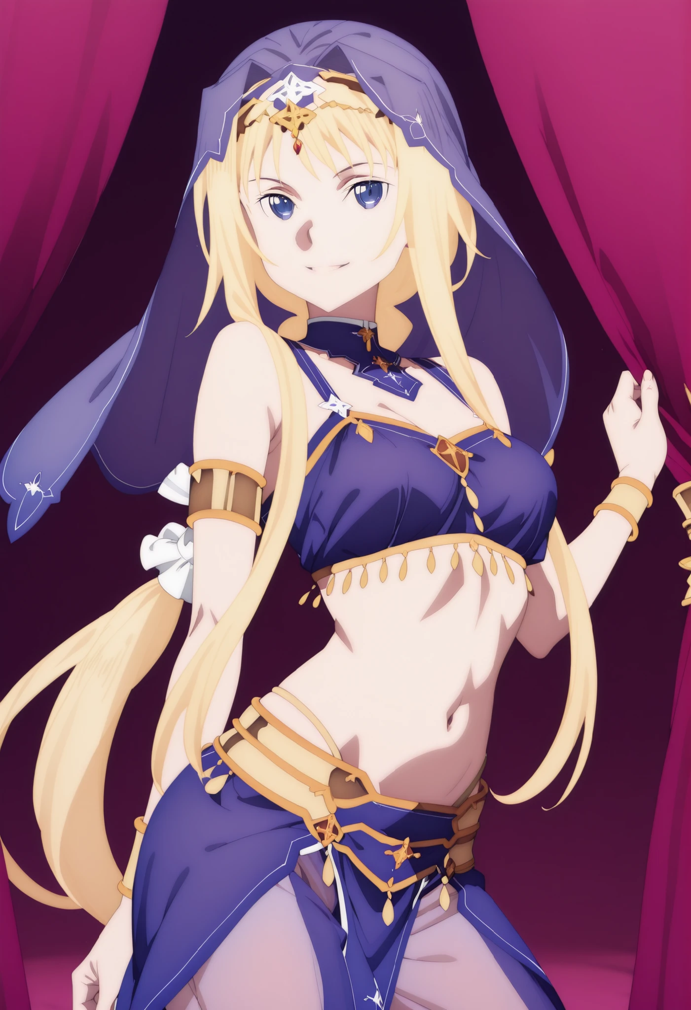 (1girl:1 . 5) , (Seul:1 . 5) , score_9 , score_8_haut , score_7_haut , source_anime , Official work  , ultra-detailed , masterpiece , best quality , high res , beaux yeux , detailed eyes , detailed face , beautiful detailed eyes ,Sword Art Online Alicization,Alice Zuberg, Arabian Clothes , Arabian Dancer ,belly dancer costume ,veil , golden jewelery,harem outfit, harem skirt, harem pants, transparent pants, belly dancing, harem veil , arabian theater , seductive smile, dancing with veil, dynamic movement, seductive pose,sexy pose