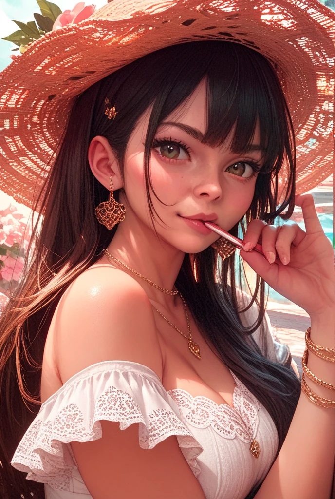 (tmasterpiece:1.2, Best quality at best), actual, (Real pictures, Complicated details, depth of fields), tmasterpiece, Best quality at best, plump woman wearing straw hat, With a straw hat, Silver-toned earrings, White collar, wearing green, Colossal tits, Crazy breast swelling, Chest larger than shoulder blades, Fitness model, Ruddy cheeks, breath through