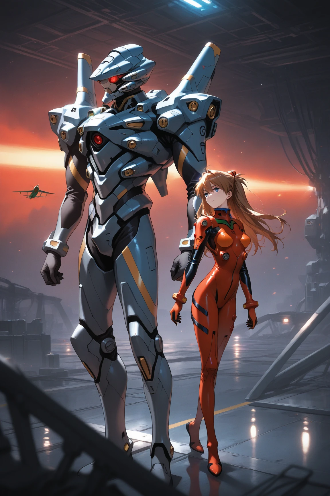 True Face、Full-body portrait、Are standing、Brown Hair、Long Hair、adult、Scientist、sf、Mechanical Battle Suit、Electronic Phoenix Wings、Wearing a red mechanical lab coat