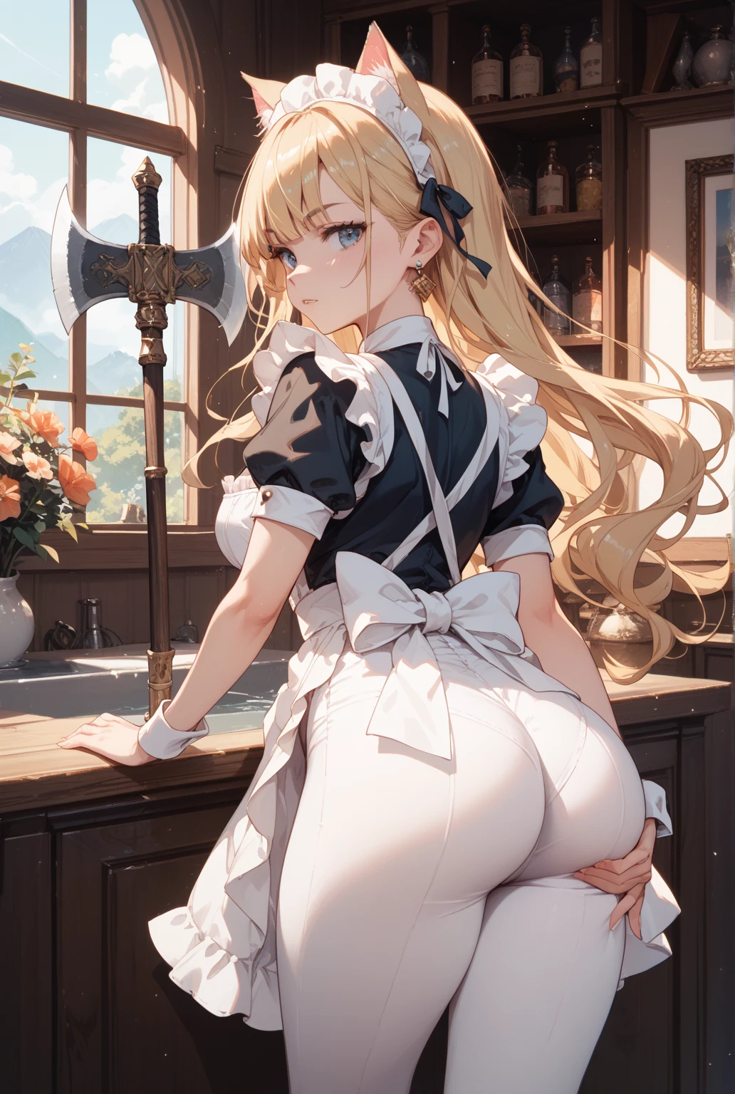 score_9, score_8_up, score_7_up, source_anime, 1girl, blonde hair, blue eyes, twintails, cat ears, small breasts, eyeglasses, micro bikini maid, headdress, blouse, skirt, apron, areola, sincere, light smile, bent over, back, private room, mansion,