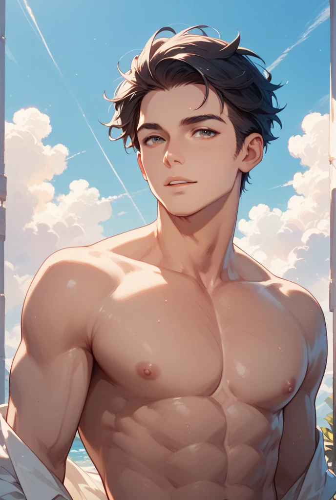 (Young 17-year-old boy, with average physical appearance and a height of 1.80m).(dark skin color: 2.0),(his face has a youthful oval shape. His eyes are brown and his hair is short, black and curly His face has mixed facial features, with a thick, flat nose, and a large but somewhat thin mouth. His build is athletic and well defined, with evident muscles. a contained energy. His presence is imposing and magnetic, drawing the attention of everyone around him.)