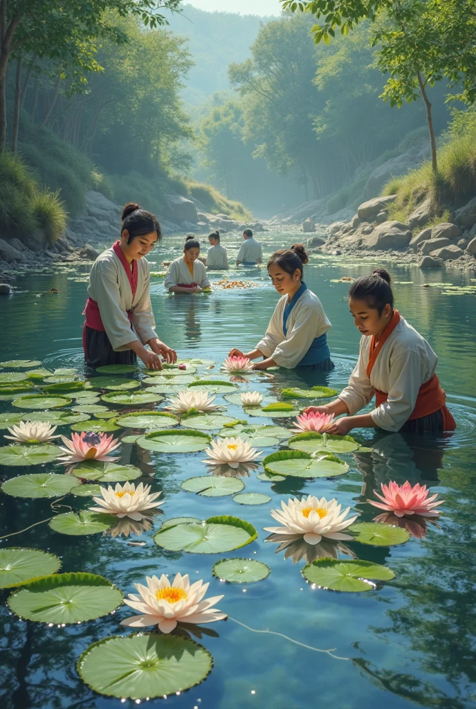 There are lotus flowers on the lake,calm,Coffee long hair,A 5-year-old girl sits,Back,
