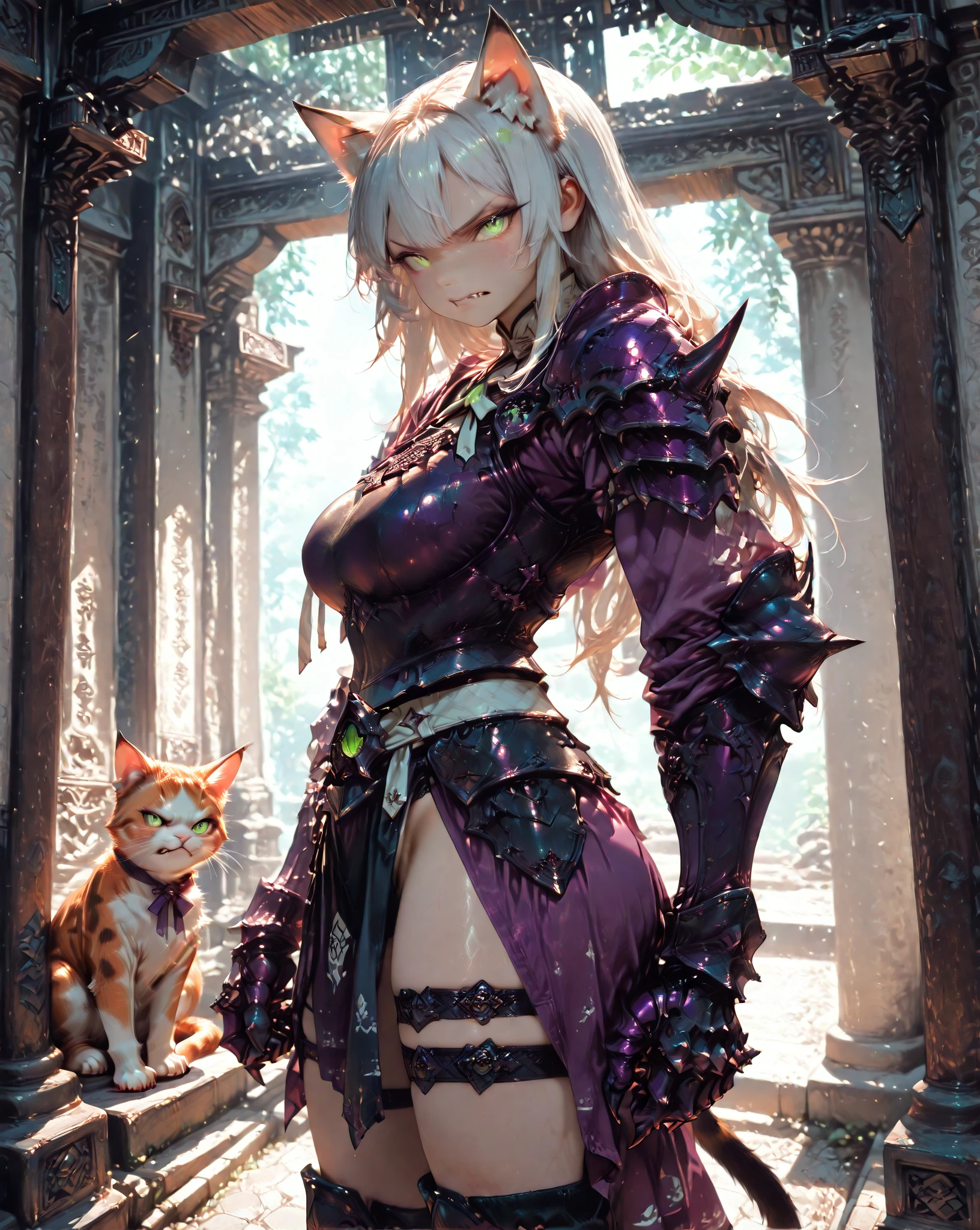 Armored dress,sword,Bamboo forest,bridge,canal,ventania,Golden hour lighting,in a spring,Painted in modern ink painting style,Modern ink painting,Fox tail,Fox ears,purple_Hair,Silver eyes,Crossed legs,Cinematic lighting,anime big breast,art book,Jiangnan Water Town