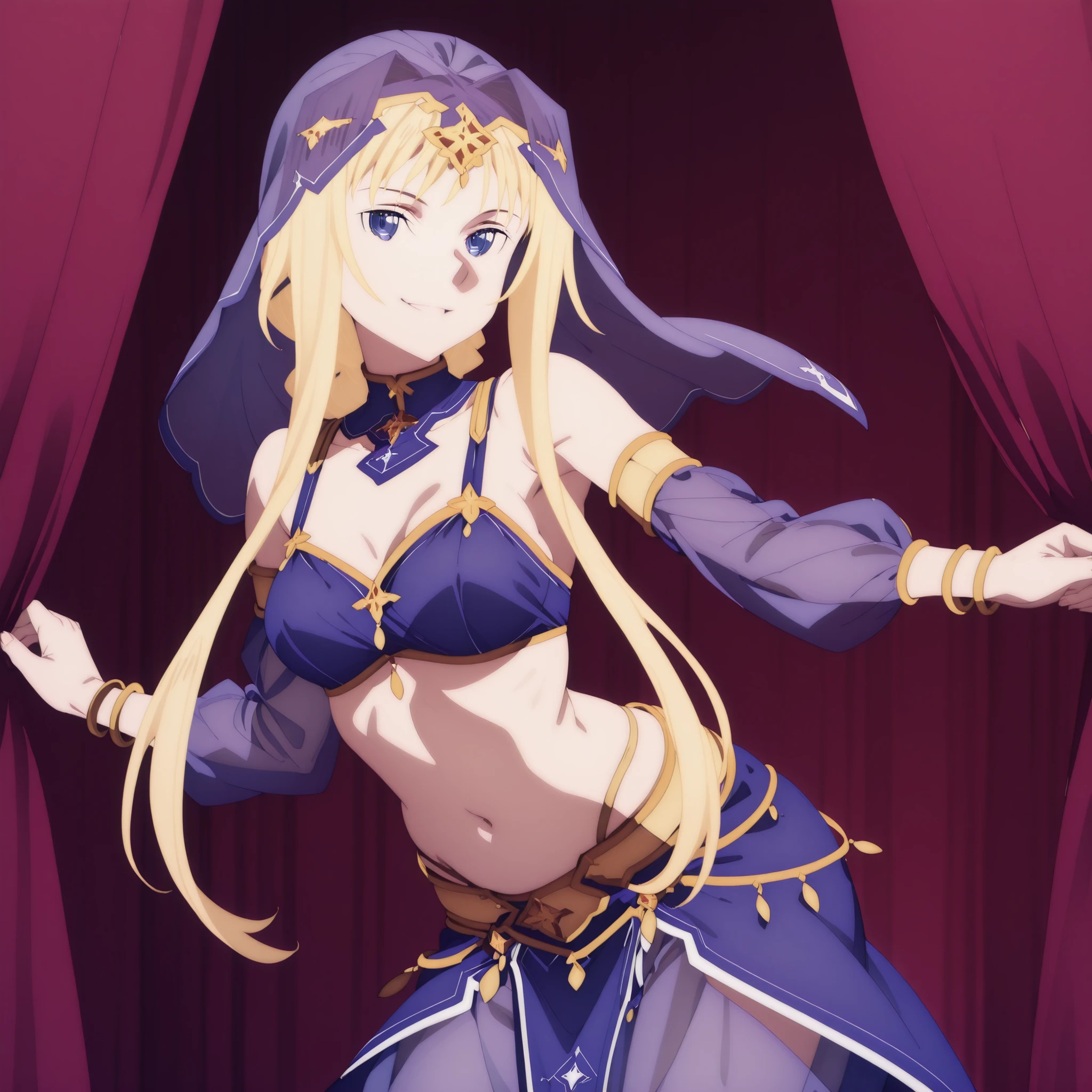 (1girl:1 . 5) , (Seul:1 . 5) , score_9 , score_8_haut , score_7_haut , source_anime , Official work , ultra-detailed , masterpiece , best quality , high res , beaux yeux , detailed eyes , detailed face , beautiful detailed eyes ,Sword Art Online Alicization,Alice Zuberg, Arabian Clothes , Arabian Dancer ,belly dancer costume ,face, veil , golden jewelery,harem outfit, harem skirt, harem pants, transparent pants, belly dancing, harem veil , arabian theater , seductive smile, dancing with veil, dynamic movement, seductive pose,sexy pose