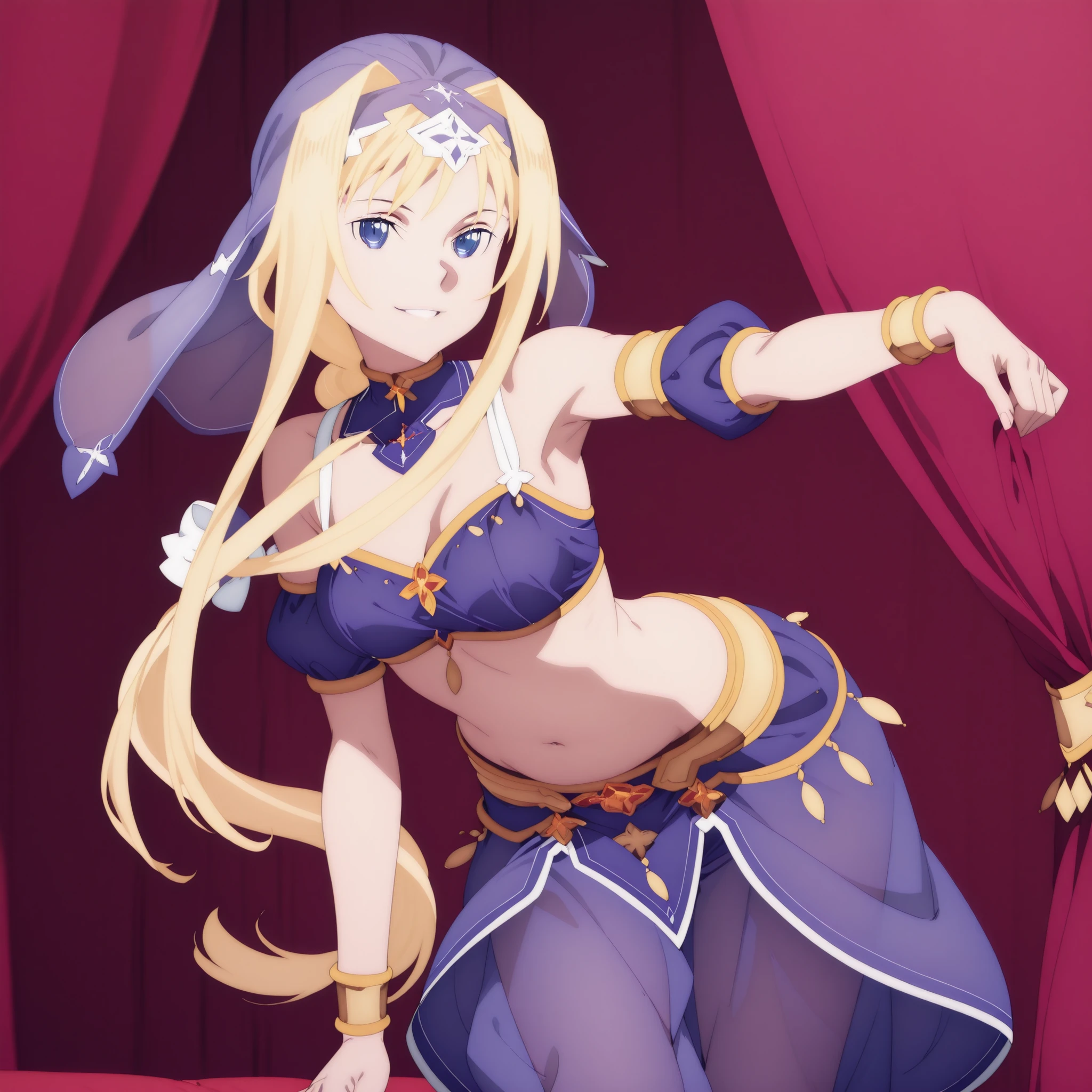 (1girl:1 . 5) , (Seul:1 . 5) , score_9 , score_8_haut , score_7_haut , source_anime , Official work  , ultra-detailed , masterpiece , best quality , high res , beaux yeux , detailed eyes , detailed face , beautiful detailed eyes ,Sword Art Online Alicization,Alice Zuberg, Arabian Clothes , Arabian Dancer ,belly dancer costume ,face, veil , golden jewelery,harem outfit, harem skirt, harem pants, transparent pants, belly dancing, harem veil , arabian theater , seductive smile, dancing with veil, dynamic movement, seductive pose,sexy pose