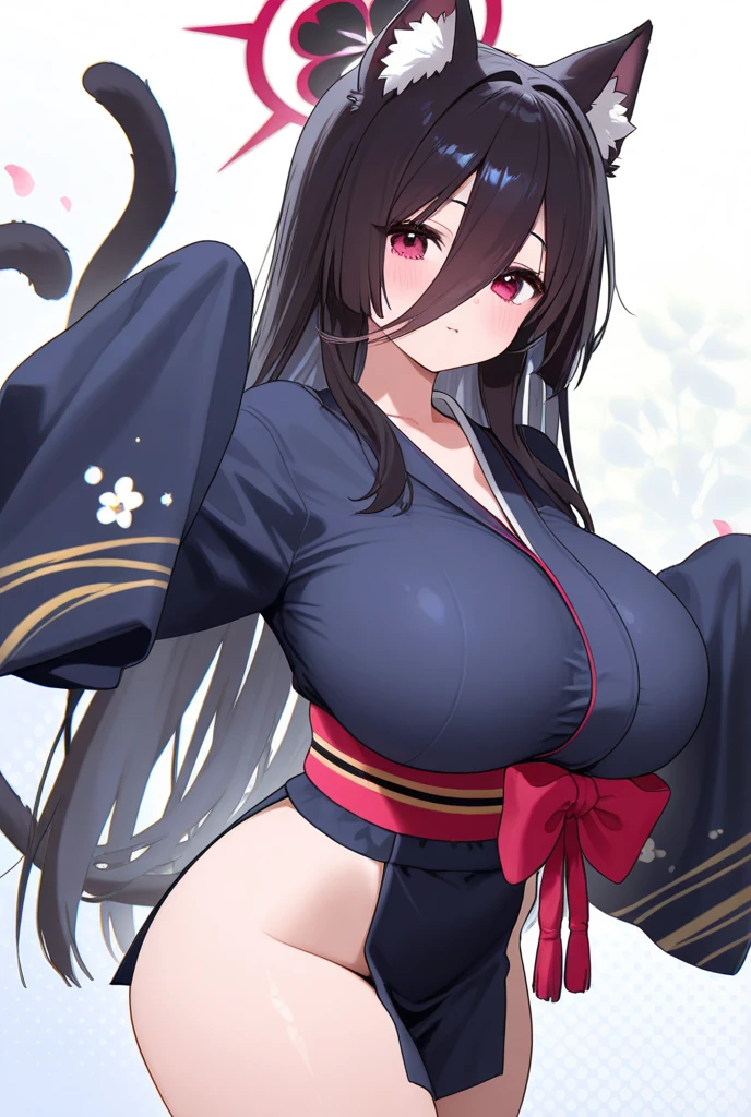 (masterpiece, top quality, super high quality, super high detail, beautiful hair, beautiful eyes, perfect face), Japanese festival scene, busy fair, short twintails hair, black hair, very baby face, droopy eyes, heterochromia, pink eye, orange eye, very huge breasts, 145cm tall girl wearing kimono jacket, bandage on chest, white Japanese loincloth jacket, bandages on her chest and wearing a white Japanese loincloth.