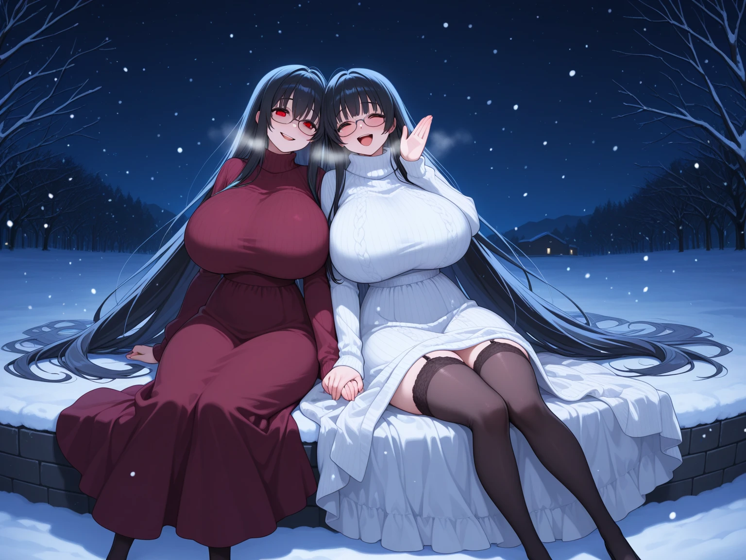 2heads, a short chubby woman with 2 heads. She has enormous breasts. She is very chubby and short. She is wearing winter attire. She is outside on a snowy day. She has gigantic breasts. She has a warm personality. She is smiling. She has a motherly appearance.