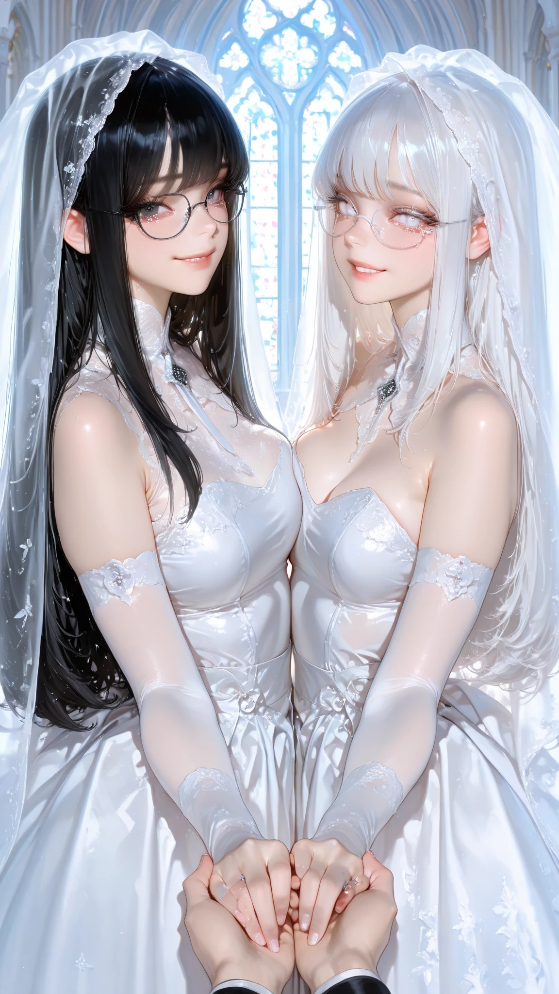 175cm tall, in the rain, extra long silver hair, wet body, thin silver clothes, at the lake, hands raised, two girls, about 16 years old, d cup Silver stockings Silver high heels