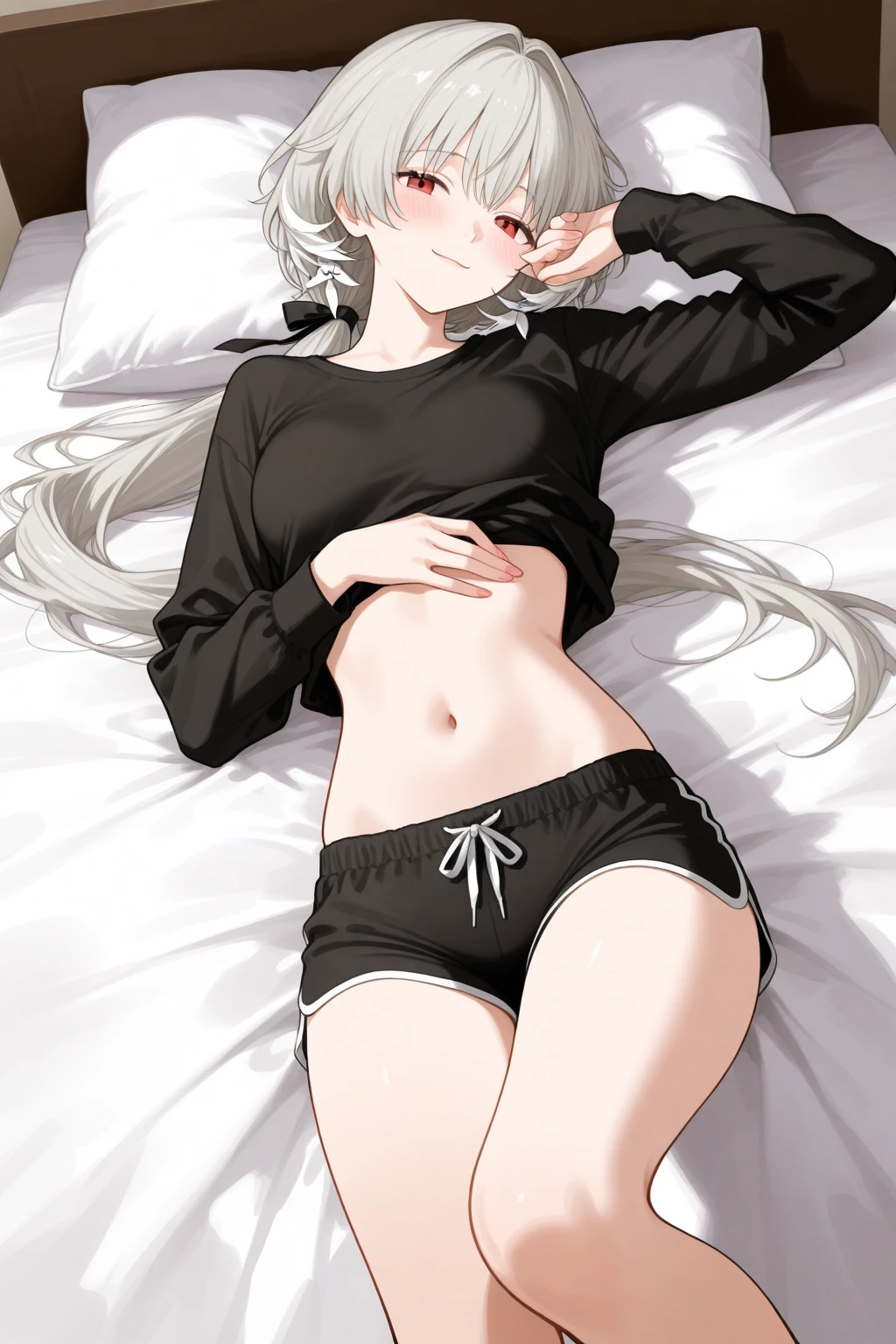 score_9,score_8_up score_7_up, rumi usagiyama, red eyes, long white hair, animal ears, medium breasts, wearing black crop top, black boy shorts, lying on a bed, hands behind head, grinning, bedroom eyes, barefoot, 