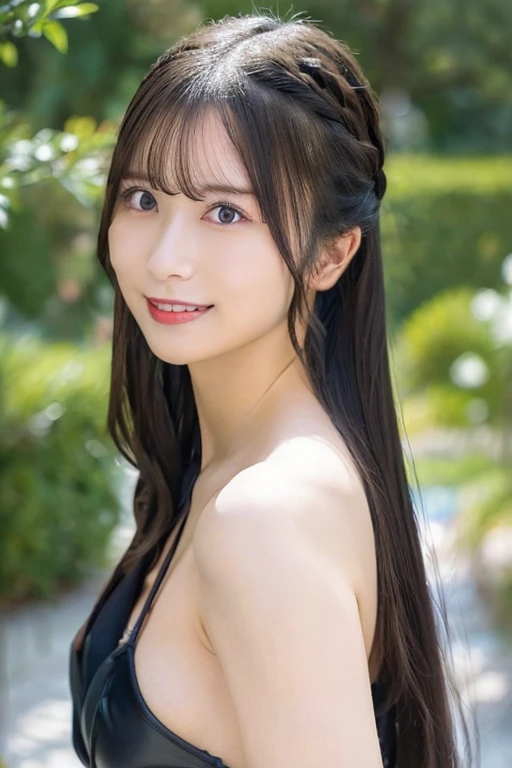 1 female,Swimwear,Cleavage,Focus on the valley,sexy,Realistic,highest quality,8k, Ultra-high resolution,RAW Photos,Small breasts,smile,Shooting from the front,View your audience,Perfect Style,