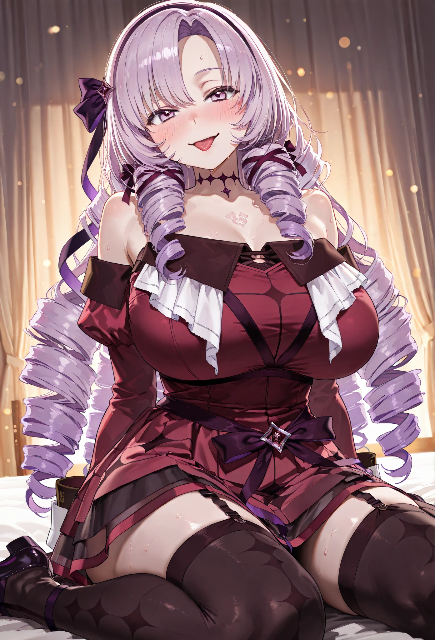 beautiful, (masterpiece:1.2), (Highest quality:1.2), Perfect Eyes, Perfect Face, Perfect lighting,Two Girls, Oily skin,masterpiece, Highest quality, High resolution, (Salome), Drill Hair, Parted bangs, hair band, ribbon, Purple eyes, Large Breasts, tattoo, ((Red dress)),Long sleeve, Bare shoulders, Black gloves, Cowboy Shot,Open your mouth, ((headset)),missionary, pov, 1girl, 1boy, sex,
