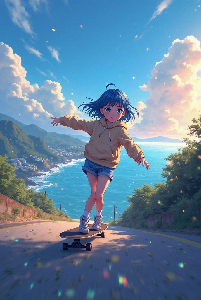 There is a lot of water on the streets,1 girl surfing with school bag,The background is the city's high-rise buildings,chibi girl,Plastic cover,Full body like,Moe new big avatar