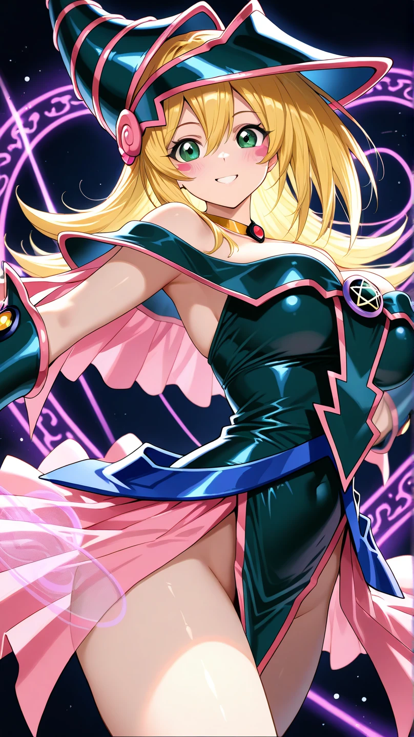 Cure happiness, skirt, Wrist cuff, Witch Hat, shorts under skirt, boots, corruption, Hollow Eyes, Half closed eyes, Wicked Smile, There are no students, Crazy Smile, Open your mouth, 1 Girl, Mature Woman, Married women, Dark Magical Girl,Black costume,Large Breasts(Huge breasts:1.8)