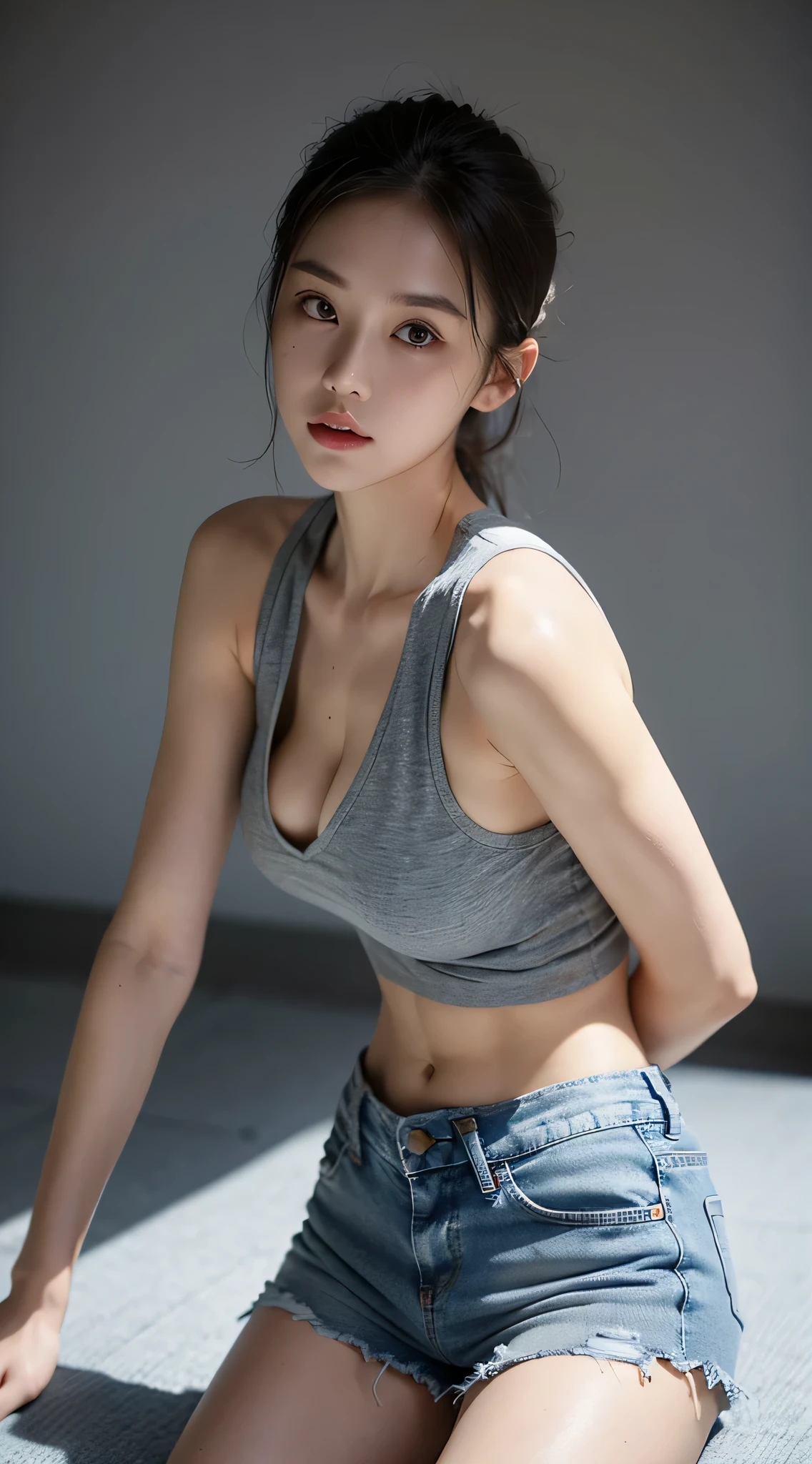 ((Medium chest, long hair, small head)), dawn, sunlight, (defined abs: 1.1), (perfect body: 1.1), (short wavy hair: 1.2), compensate、chestnut hair, collar, rock, full body photo, shabby street, Wearing a black tank top, jeans, ((shorts)), (High Definition CG 8k Wallpapers), (very delicate and beautiful), (table top), (highest quality: 1.0), (super resolution: 1.0), beautiful lighting, perfect lightning, realistic shadow, [High resolution], fine skin, Super detailed