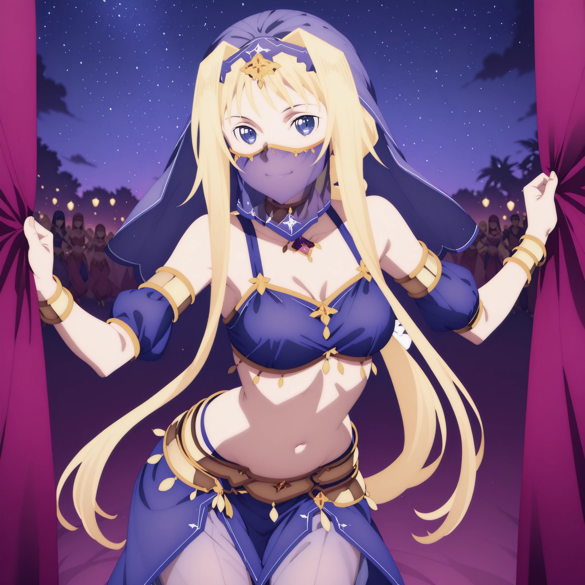 (1girl:1 . 5) , (Seul:1 . 5) , score_9 , score_8_haut , score_7_haut , source_anime , Official work  , ultra-detailed , masterpiece , best quality , high res , beaux yeux , detailed eyes , detailed face , beautiful detailed eyes ,Sword Art Online Alicization,Alice Zuberg, Arabian Clothes , Arabian Dancer ,belly dancer costume ,mouth veil , golden jewelery,harem outfit, harem skirt, harem pants, transparent pants, belly dancing, harem veil ,night,  arabian garden , seductive smile, dancing with veil, dynamic movement, seductive pose,sexy pose