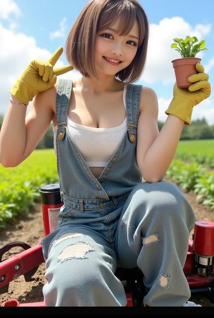 Conjure a sense of community with a photo of a woman with (short blue hair) (beautiful breasts), volunteering in a community garden. She's donning a (low cut t-shirt) and (khaki gardening gloves), kneeling as she tends to young plants. downblouse, cleavage. The angle is eye-level, showcasing the rows of garden beds and her genuine smile. The soft afternoon lighting highlights the greenery and the dirt on her hands, symbolizing the nurturing care of communal work and the growth it brings