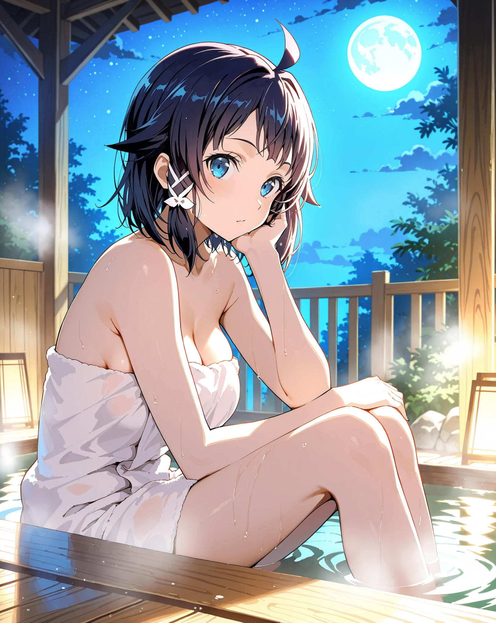 2D, masterpiece, Highest quality, anime, Very detailed, One Girl、Small breasts、Blue Hair、Shy laugh、semi-long、Side Ponytail、Naked with a wet towel、Her breasts are visible、Open-air bath、Moonlit Night