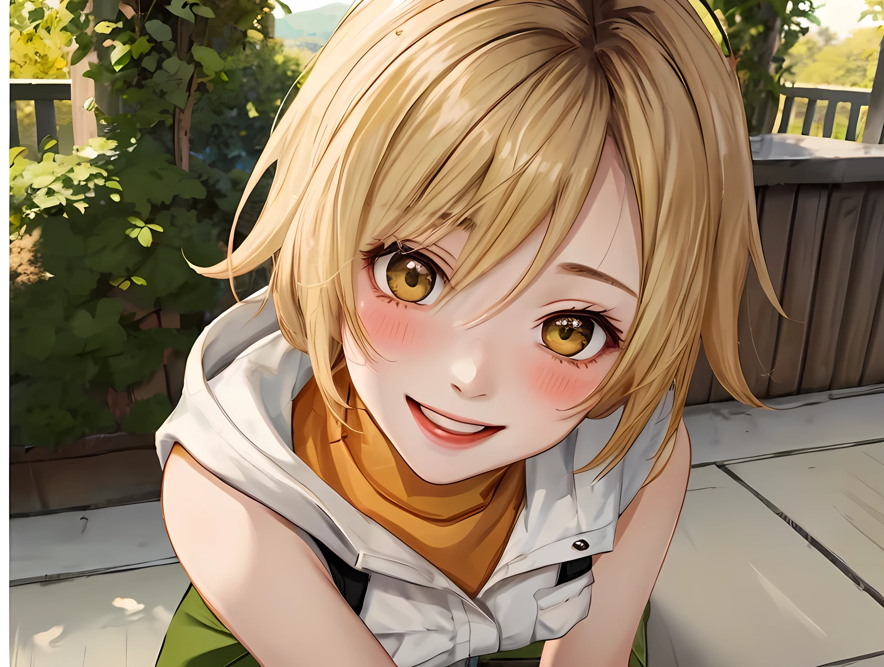 **Prompt:**   full body image,  Create a vibrant and charming depicted of a cute girl resembling Heather Mason waifu. Expressive wink eyes, sitting body pose with an endearing presence. She has short, stylish blonde hair that adds to her playful aura. Dressed in a white vest layered over an orange turtleneck, complemented by a green skirt and high thigh boots, she exudes a colorful and lively spirit. Capture her in a cute girl pose, radiating happiness with a big, smiling, sweet blushing face, and expressive eyes. Focus on detailed facial expressions that convey genuine excitement, highlighting her beautiful, lifelike skin, sweet features. Include a wink that adds a touch of playfulness to her expression, making the viewer feel her joyful energy. The background should be soft and inviting, enhancing her vibrant outfit and cheerful demeanor. Wide camera angle scenery view. 