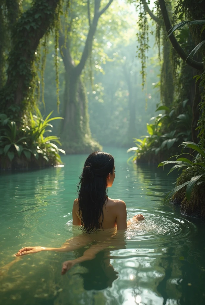 A Naiad bathing in her pool in a forest glade.