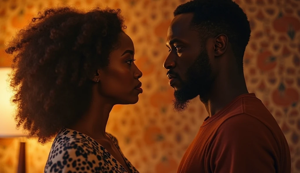 Black couple staring into each other’s eyes from a profile side view with dramatic lighting