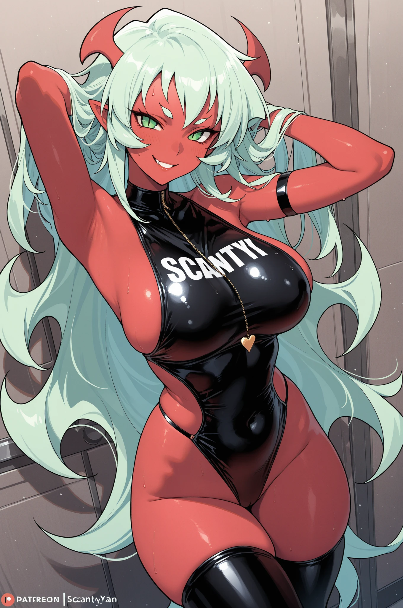 (masterpiece, best quality:1.2), solo, 1girl, psgscanty, red skin, evil smile, looking at viewer, arms behind head, horns, v-shaped eyebrows, revealing clothes, spiked bracelet <lora:psg_scanty-10:1>