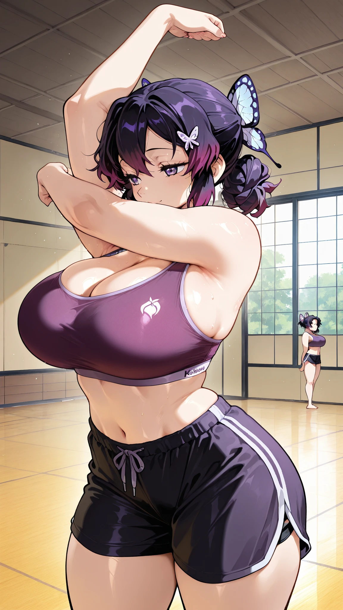 one-girl,gym, inside gym, Exercise while lying on a yoga mat,hot, big , purple clothes, curvy woman, plump Sweated a lot, masive push ups, sweat, steaming body, see thru sfw, tan, black hair, in pain, teeth clenching, clenching teeth, yoga pants, low angle , see thru, purple eyes, inside gym, ponytail