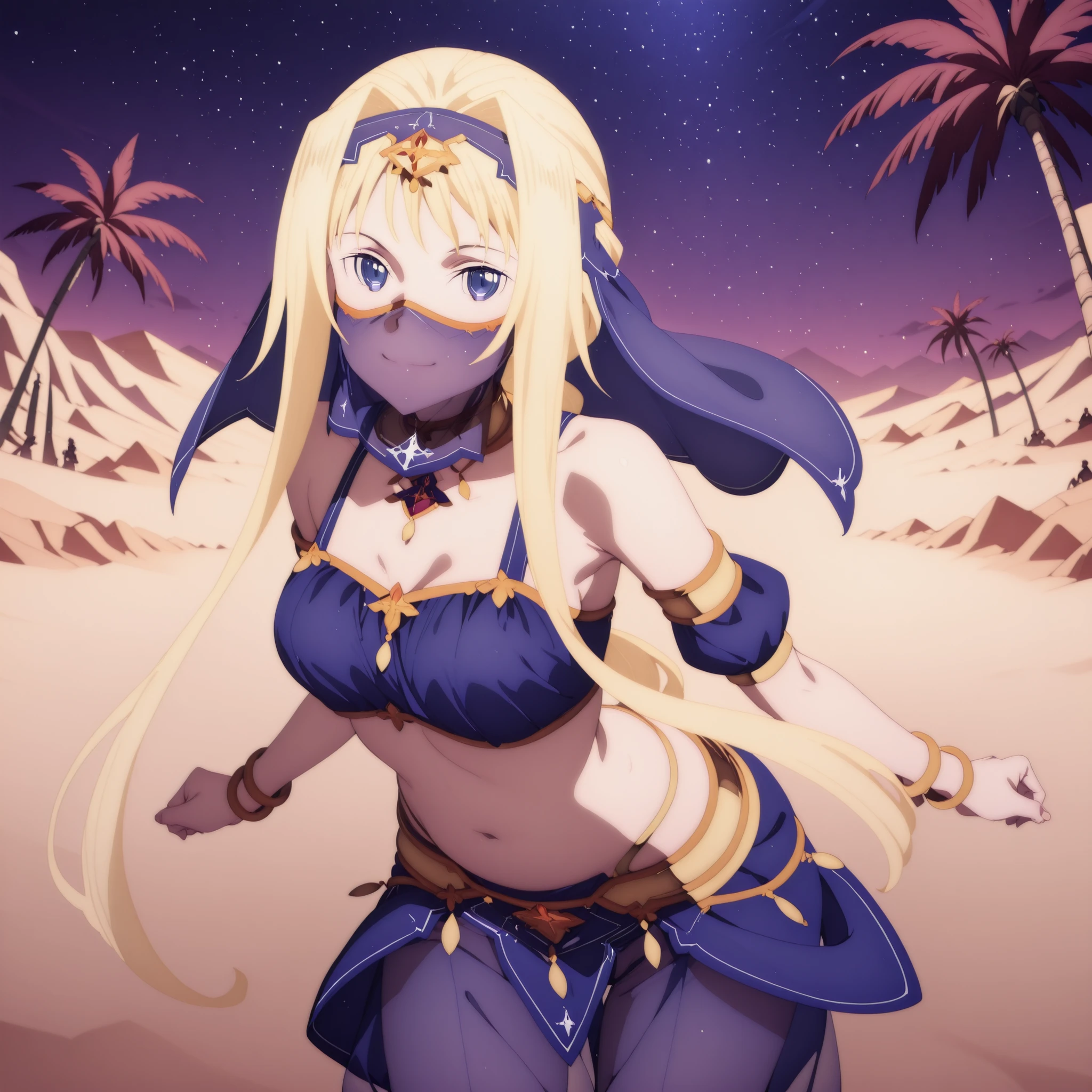 (1girl:1 . 5) , (Seul:1 . 5) , score_9 , score_8_haut , score_7_haut , source_anime , Official work  , ultra-detailed , masterpiece , best quality , high res , beaux yeux , detailed eyes , detailed face , beautiful detailed eyes ,Sword Art Online Alicization,Alice Zuberg, Arabian Clothes , Arabian Dancer ,belly dancer costume ,mouth veil , golden jewelery,harem outfit, harem skirt, harem pants, transparent pants, belly dancing, harem veil ,night,desert landscape,palm tree, seductive smile, dancing with veil, dynamic movement, seductive pose,sexy pose