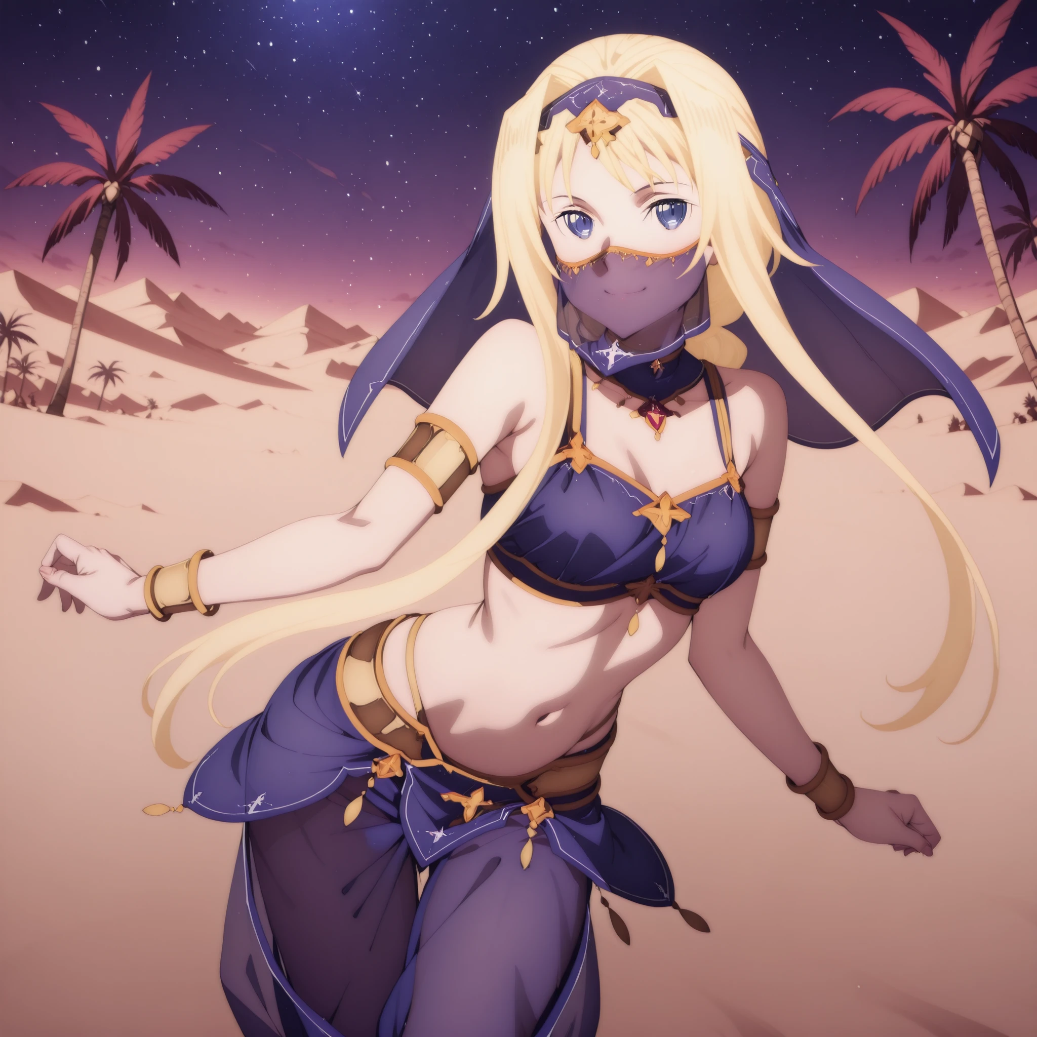 (1girl:1 . 5) , (Seul:1 . 5) , score_9 , score_8_haut , score_7_haut , source_anime , Official work , ultra-detailed , masterpiece , best quality , high res , beaux yeux , detailed eyes , detailed face , beautiful detailed eyes ,Sword Art Online Alicization,Alice Zuberg, Arabian Clothes , Arabian Dancer ,belly dancer costume ,mouth veil , golden jewelery,harem outfit, harem skirt, harem pants, transparent pants, belly dancing, harem veil ,night,desert landscape,palm tree, seductive smile, dancing with veil, dynamic movement, seductive pose,sexy pose
