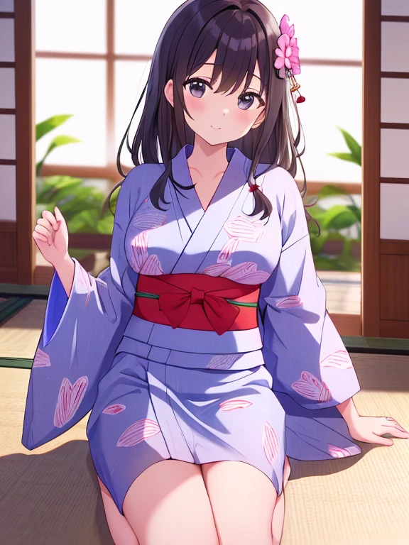 Nice illustration, best quality, cute girl, Japanese-style rooms, Tatami, Bare legs,, thigh, blush,