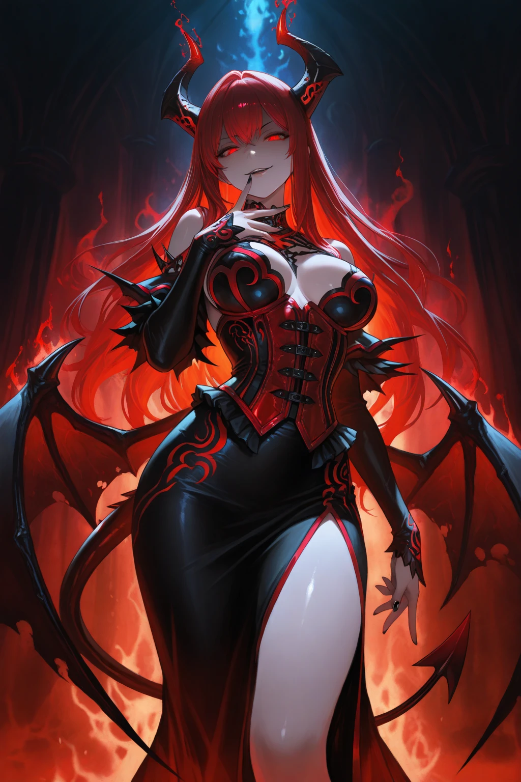 Scarlet Castlevania, (Scarlet Castlevania), tenebrosa, standing alone, ray tracing, 3D style, 3DMM, ((3 poses per photo)), ((3 poses in each photo)), fully body,(from front view),(rear view), (view on the left), blackstockings, Tear at the waist,(((3 poses per photo))),((symetry)) ,((ultra realistic skin)),(minimalist details),((large open dress with v-cuts)),(((dress with spikes))),(((slits between the legs))),(((well-defined groin))),(drawn curve),(((necklines))),(((thick and beautiful legs))),(((big tits)))