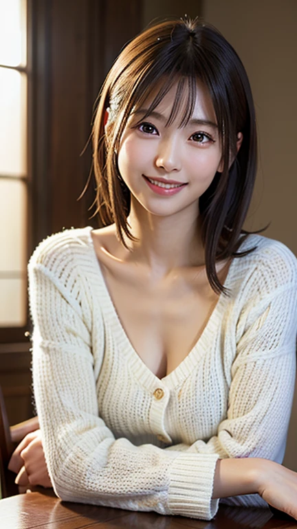 masterpiece,best quality,(Japanese ),((Beautiful girl)),cleavage,indoor,(perfect body beauty:1.2),(shy smile),beautiful teeth,