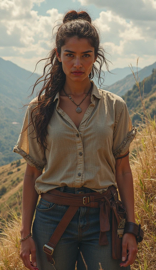 (grainy:0.5), cinematic, girl,native american,fantasy,(solo:1.3), detailed eyes, detailed face, detailed native american clothing , volumetric lighting, dusk, extremely detailed background, standing next to tree, smiling, half closed eyes, tilted head, from side