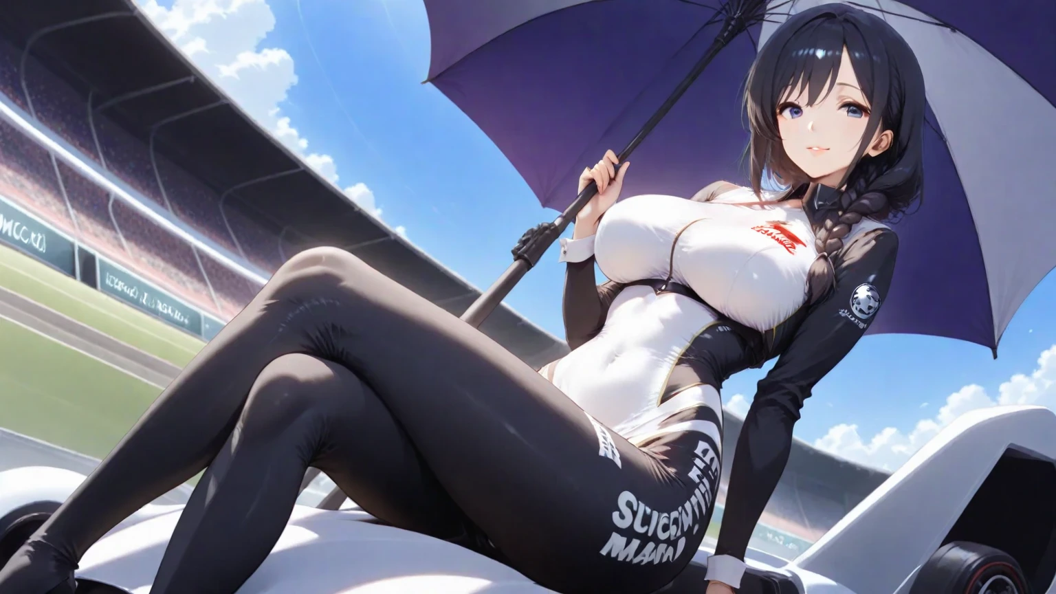 A woman wearing a race queen costume, long black hair, ponytail hair, walking on the speedway, white race car in the background, big breasts, full body, yellow eyes, HD, very detailed, full hd, masterpiece, personalized by sengoku theme, bloom, ultra resolution ( solo woman)