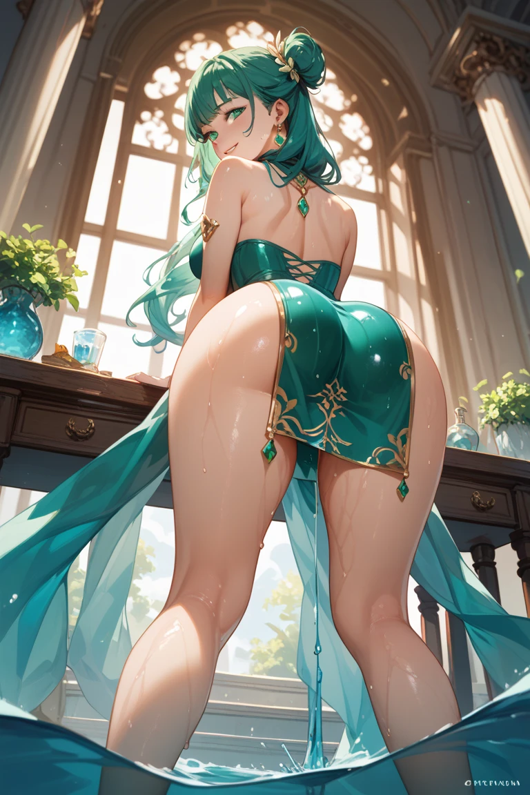 masterpiece, A girl with green hair and a green hat stands in the room, splash art, style art buds, elf girl, Renji Murata and Art Germ, Very warm, Bibby, art gelm style, style league of legends, Ruan Jia and Artgerm, art gelm style, ! dream art germ, View from behind