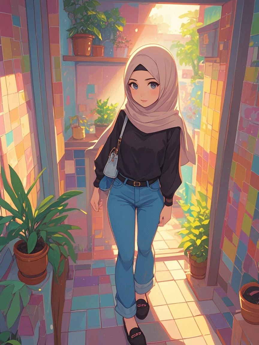 A 38 year old hijab girl wearing a floral patterned tunic shirt top wearing long jeans wearing shoes is in a flower garden full body
