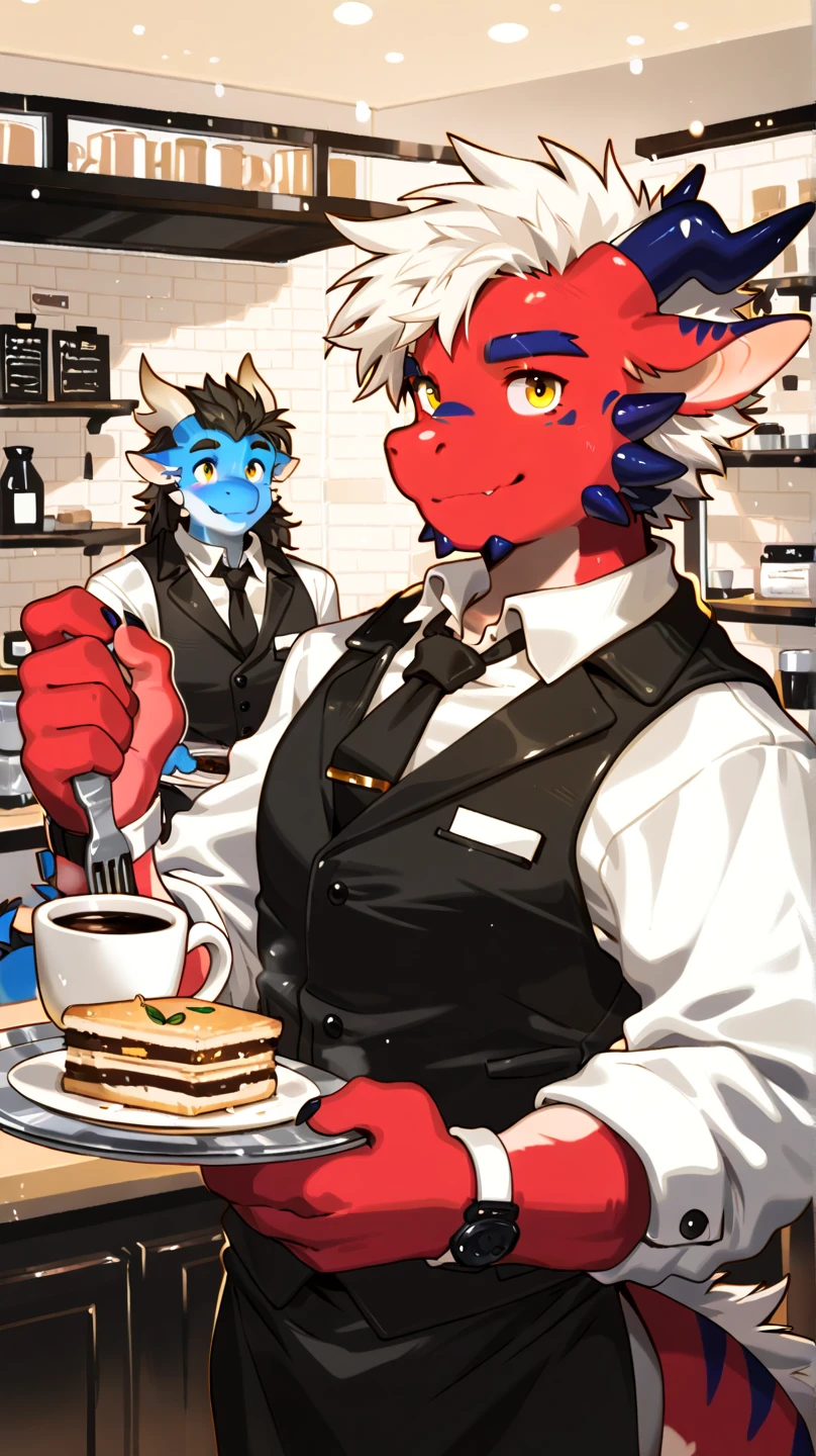 2boys, one anthropomorphic fox, ((blue eyes, blue short hair, pink fur, blue tail, black apron, , muscle body, , smile)), one anthropomorphic wolf, ((red eyes, purple fur, purple short hair, red tail, muscle body,  black apron, , tongue out)), kitchen, flowerpots, night, windows, city, blurry background