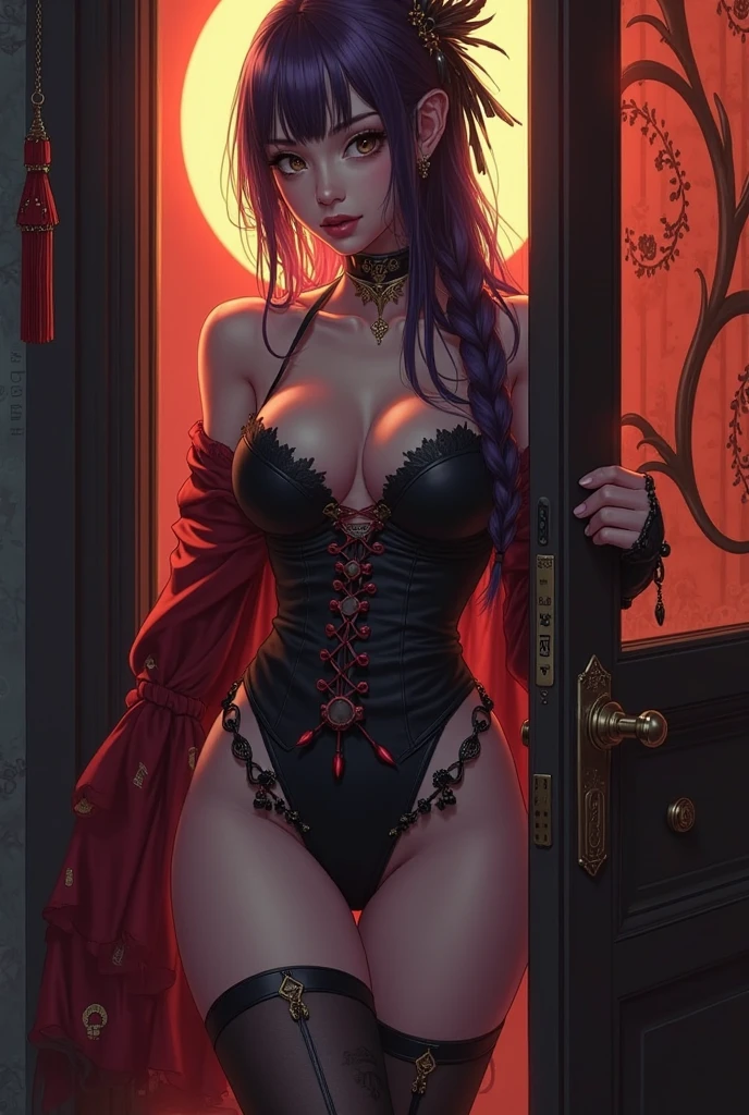 (Highest Quality Masterpiece, 16k resolution), Red Lingerie,: A captivating Syrian woman with blue hair and curls cascading down her shoulders is the central figure of this masterpiece. Her hourglass figure is accentuated by her generous hips and thighs, drawing the viewer's gaze. In the foreground, a solitary woman is depicted in her office, her off-shoulder blouse revealing a hint of a garter belt peeking out, adding to the allure. The scene is bathed in a play of deep shadows and cool light, creating an enigmatic atmosphere that is both intriguing and seductive. In the background, the downtown buildings