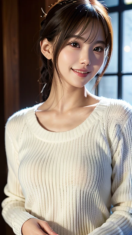 1 Japanese girl,(White sweater:1.4), (RAW Photos, highest quality), (Realistic, Realistic:1.4), Tabletop, Very delicate and beautiful, Very detailed, 8k wallpaper, wonderful, In detail, Very detailedなCG Unity, High resolution, Soft Light, Beautiful details 19 years old, Very detailedな目と顔, Beautiful and sophisticated nose, Beautiful details,Cinema Lighting,Perfect Anatomy,Slender body,smile (Asymmetrical bangs,)