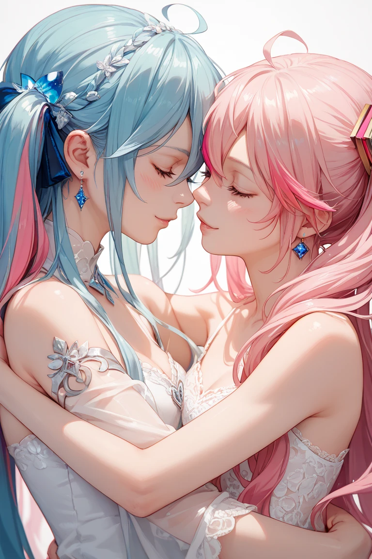 (Masterpiece, Top Quality, Best Quality, Watercolor (medium), Official Art, Beautiful and Aesthetic: 1.2), (2 Girls: 1.3), Dynamic Kiss, (Fractal Art: 1.3), Dynamic Pose, Fantastic, Pattern, (Iridescent Hair, Colorful Hair, Half Blue and Half Pink Hair: 1.2), Sky, Colorful, Soap Bubbles, Deep Kiss