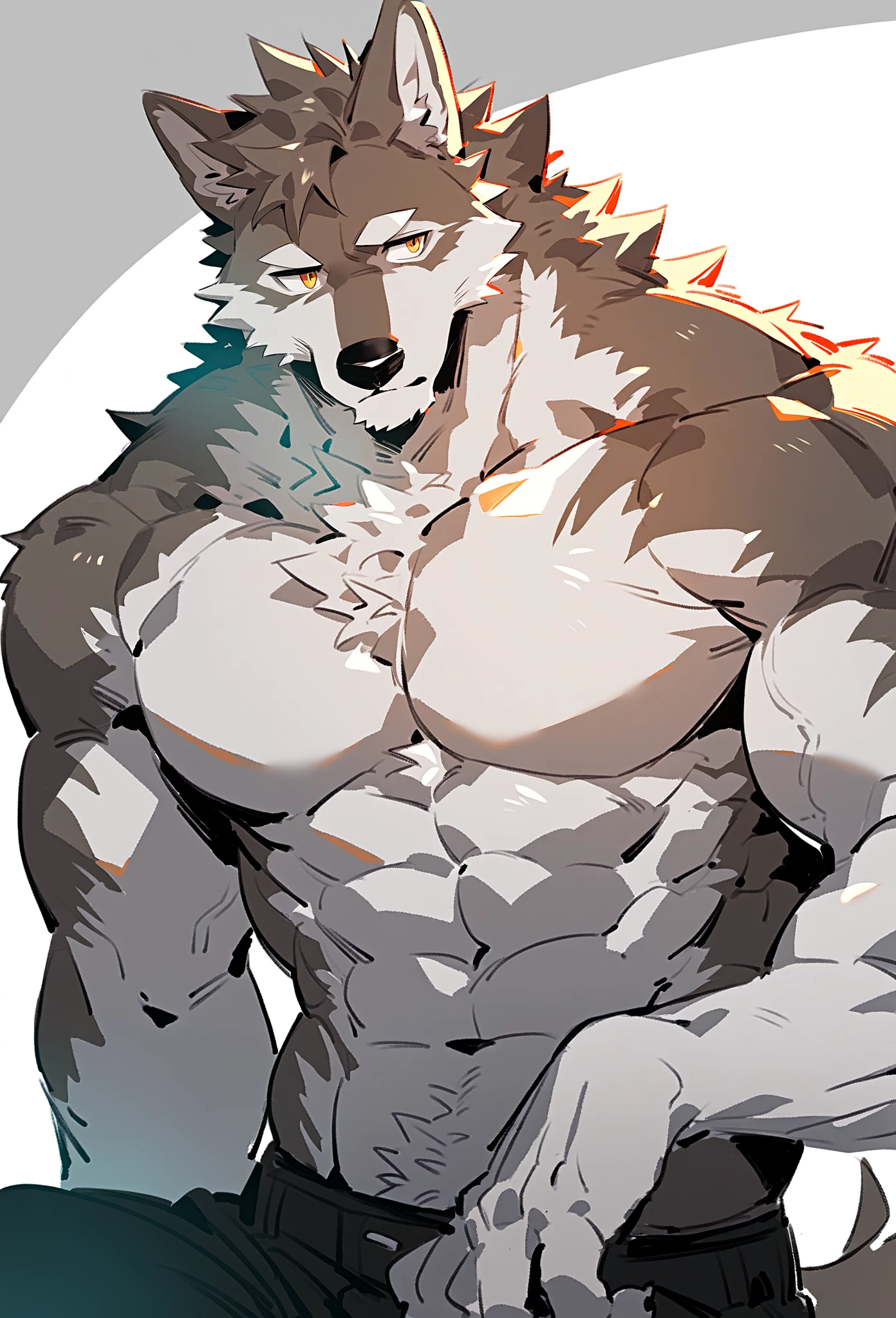 Ultra-clear Picture, 16k Resolution, Full-body Portrait, Full-body Close-up, Facial Clarity, Bright and Radiant Eyes, Delicate and Expressive Eyes, Worm's Eye View, Solo Focus on the Main Body, Canidae, Majestic Big Dog, Wolf, Male, Juvenile, Student, High School Student, Sports Student, Young, Tough Guy, Silver-gray Hair, Golden Eyes, Eyes Shining like the Sun, Tall and Strong, Muscles All Over the Body, Large Pectoral Muscles, Defined 8-Pack Abs, Powerful Biceps, Thick Tail, Thick and Power