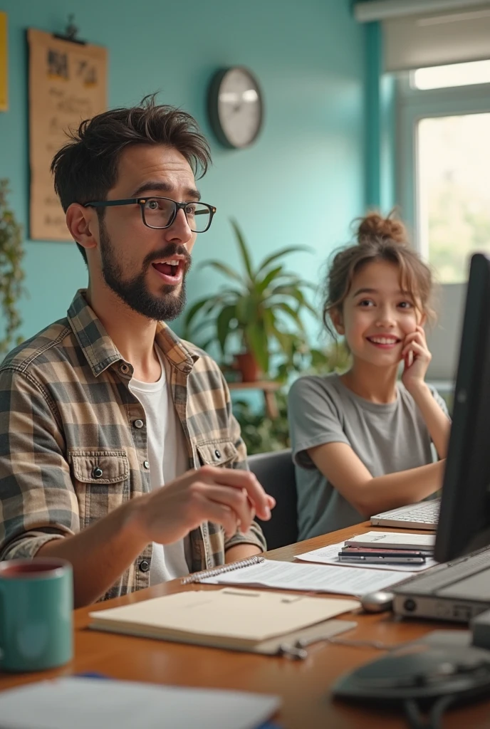A short-haired IT expert wearing a black t-shirt is working in his room and there are three laptops on his desk., a cup of coffee, and vape. And beside him there was a five year old fat baby boy., short hair playing guitar. Real-like photo results.