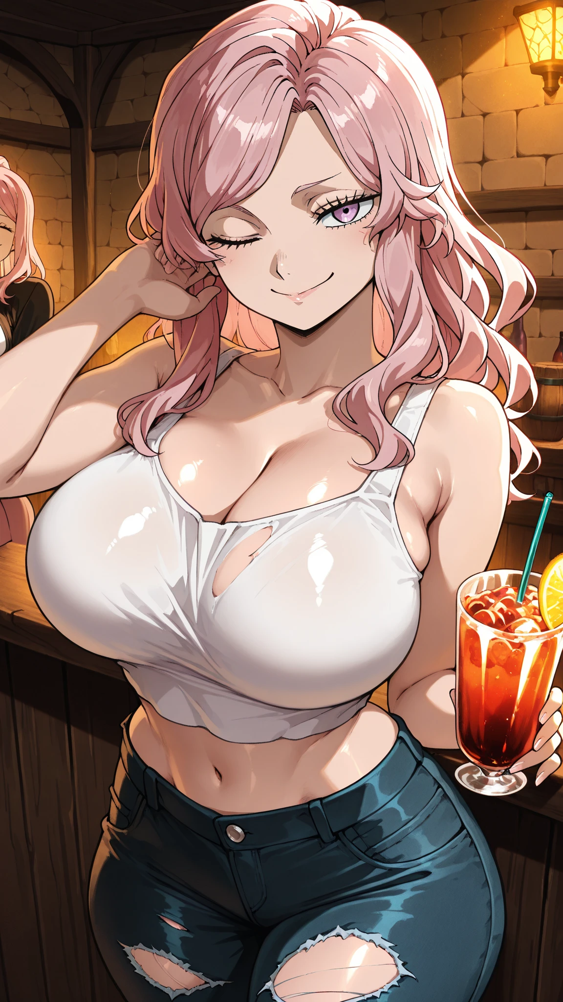 <lora:yuri_isekaiyarisaa_v1(resize-sv10):1> yuri_olis, 1girl, solo, pink hair, twin braids, long hair, ahoge, blue choker, cape, pendant, large breasts, white tube top, cleavage cutout, red skirt, black belt, bracer, navel, blush, closed eyes, smile, facing viewer, open mouth
BREAK
bar \(place\)
BREAK
animestyle
